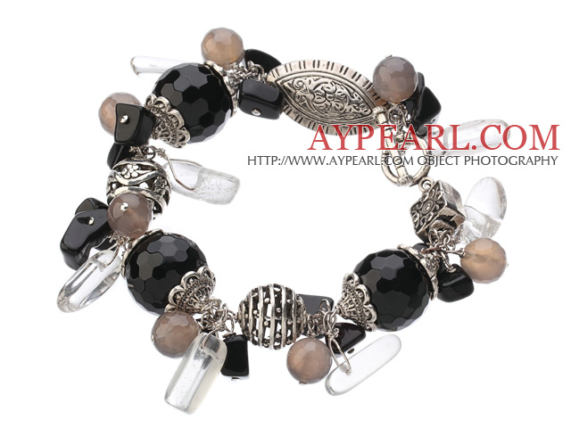 Style vintage noir et gris agate cristal clair Tibet Argent Accessoire Bracelet à breloques avec fermoir