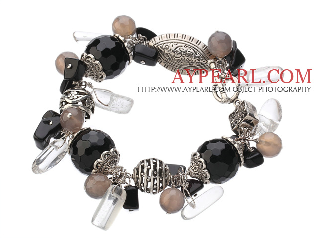 Vintage Stil Svart og grå Agate Clear Crystal Tibet Silver Tilbehør Charm armbånd med skifte lås