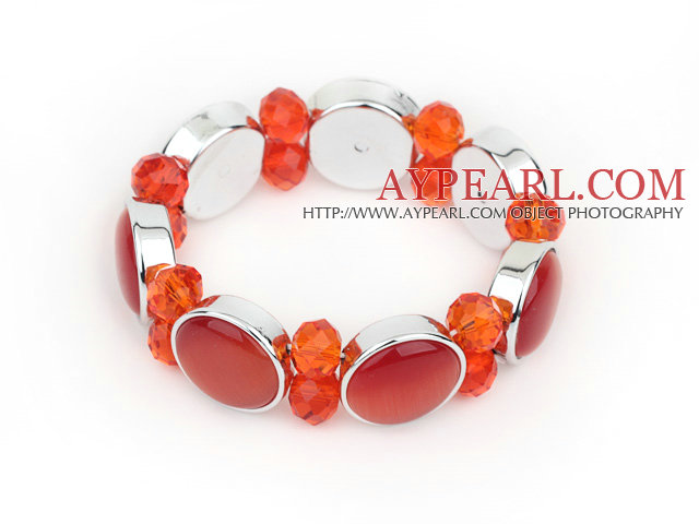 Fashion Style Orange Röd Färg Cats Eye och Orange Röd Crystal Stretch Bangle Armband