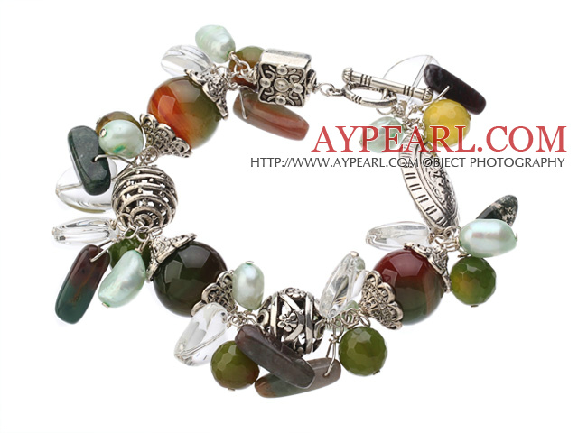 Style vintage Coeur en cristal clair Peacock Agate vert clair perle Et Tibet Argent Accessoire Bracelet avec fermoir