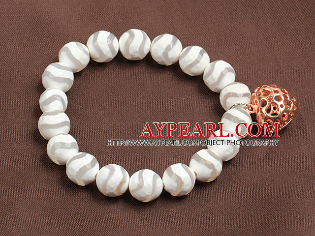 Trendy alb pictate manual Agate Elastic / Stretch brățară cu Golden Rose Color Hollow Heart Charm