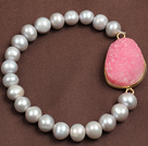 Unique Style Hot Pink Crystallized Stone And Natural Grey Freshwater Pearl Elastic/ Stretch Bracelet