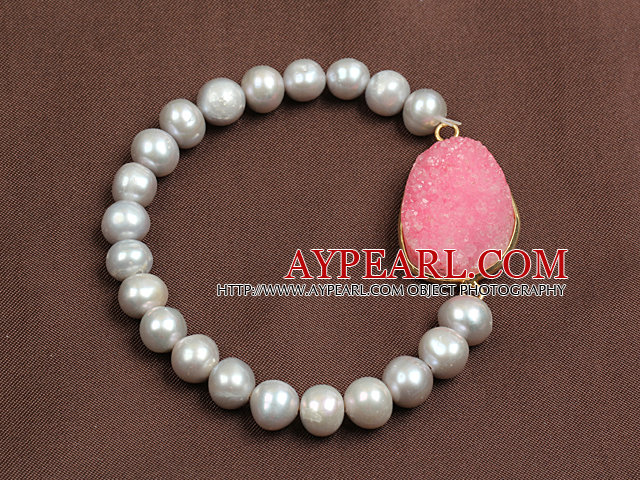 Unique Style Hot Pink Crystallized Stone And Natural Grey Freshwater Pearl Elastic/ Stretch Bracelet