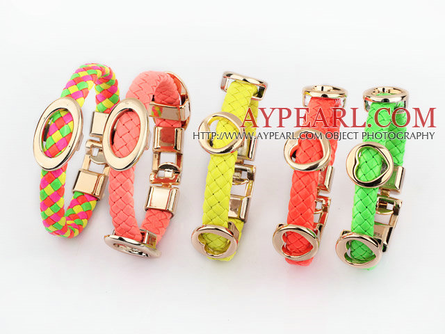 5 Pieces Popular Style Candy Color Leather Friendship Bracelet with Metal Accessories( Random Color )