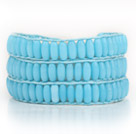 Wholesale Lake Blue Color Cats Eye 3 Wrap Bangle Bracelet with Blue Wax Cord and Shell Clasp