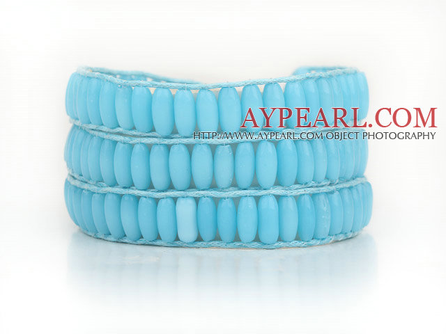 Lake Blue Color Cats Eye 3 Wrap Bangle Bracelet with Blue Wax Cord and Shell Clasp