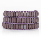 Purple with Brown Color Cats Eye 3 Wrap Bangle Bracelet with Purple Wax Cord and Shell Clasp