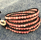 Baby Pink Color Cats Eye 3 Wrap Bangle Bracelet with Gray Wax Cord and Shell Clasp