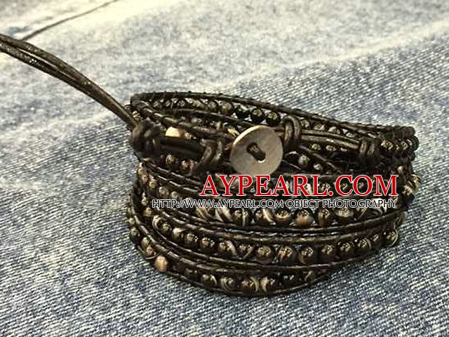 Hot Sale Mode multi brins rond noir Stone Beads Wrap Bracelet