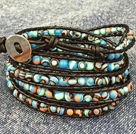 Wholesale Dark Green with Black Color Cats Eye 3 Wrap Bangle Bracelet with Gray Wax Cord and Shell Clasp