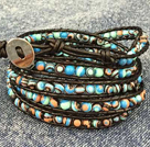 Dark Green with Black Color Cats Eye 3 Wrap Bangle Bracelet with Gray Wax Cord and Shell Clasp