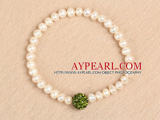 Simple Stretchy Style 5-6mm Natural White Freshwater Pearl Green Rhinestone Bead Elastic Bracelet