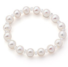A Grade White Freshwater Pearl and Clear Crystal Stretch Beaded Bangle Bracelet