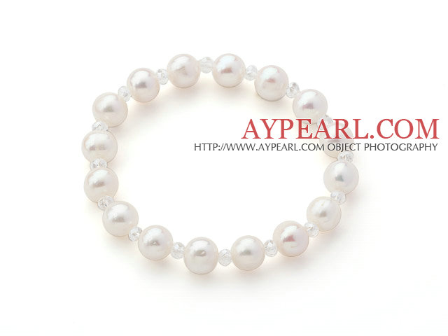 A Grade White Freshwater Pearl and Clear Crystal Stretch Beaded Bangle Bracelet