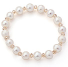 A Grade White Freshwater Pearl and Champagne Color Crystal Stretch Beaded Bangle Bracelet