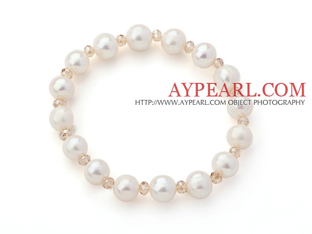 A Grade White Freshwater Pearl and Champagne Color Crystal Stretch Beaded Bangle Bracelet
