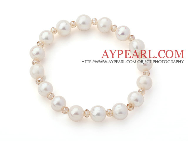 En Grade Vit Sötvatten Pearl och Champagne Color Crystal Stretch Beaded Bangle Armband