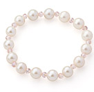 A Grade White Freshwater Pearl and Pink Color Crystal Stretch Beaded Bangle Bracelet