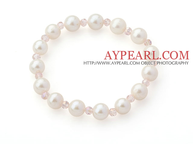 A Grade White Freshwater Pearl and Pink Color Crystal Stretch Beaded Bangle Bracelet