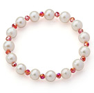 A Grade White Freshwater Pearl and Red Color Crystal Stretch Beaded Bangle Bracelet