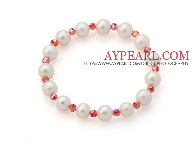 A Grade White Freshwater Pearl and Red Color Crystal Stretch Beaded Bangle Bracelet