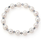 A Grade White Freshwater Pearl and Silver Color Crystal Stretch Beaded Bangle Bracelet