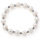 Wholesale A Grade White Freshwater Pearl and Silver Color Crystal Stretch Beaded Bangle Bracelet