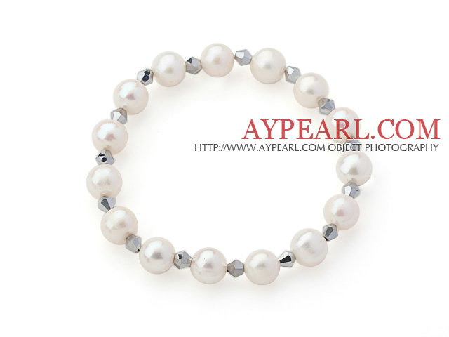 A Grade White Freshwater Pearl and Silver Color Crystal Stretch Beaded Bangle Bracelet