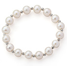 Wholesale A Grade White Freshwater Pearl and Metal Beads Stretch Beaded Bangle Bracelet