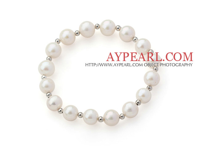 A Grade White Freshwater Pearl and Metal Beads Stretch Beaded Bangle Bracelet