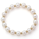 A Grade White Freshwater Pearl and Yellow Color Metal Beads Stretch Beaded Bangle Bracelet