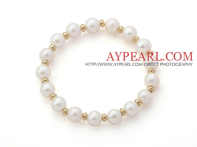 Α Βαθμού White Pearl γλυκού νερού και κίτρινο Χάντρες Metal Χρώμα Τεντώστε Beaded βραχιόλι βαρύ βραχιόλι