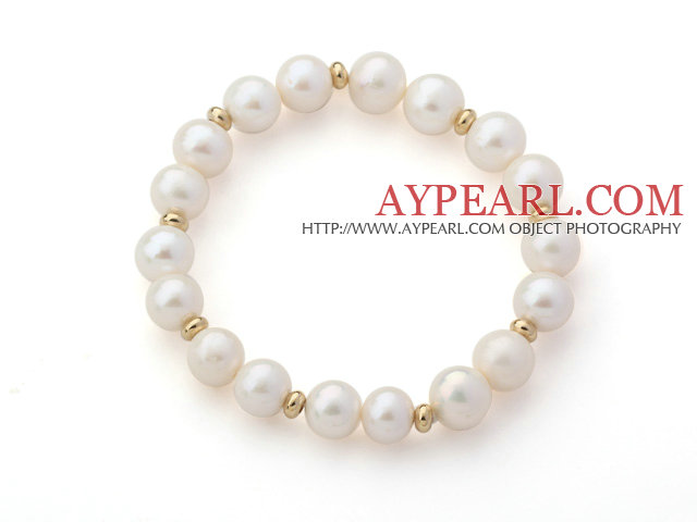 Α Βαθμού White Pearl γλυκού νερού και κίτρινες χάντρες Spacer Μέταλλο Χρώμα Τεντώστε Beaded βραχιόλι βαρύ βραχιόλι