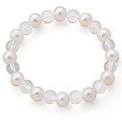 En Grade Rund Vit Sötvatten Pearl och Clear Crystal Stretch Beaded Bangle Armband