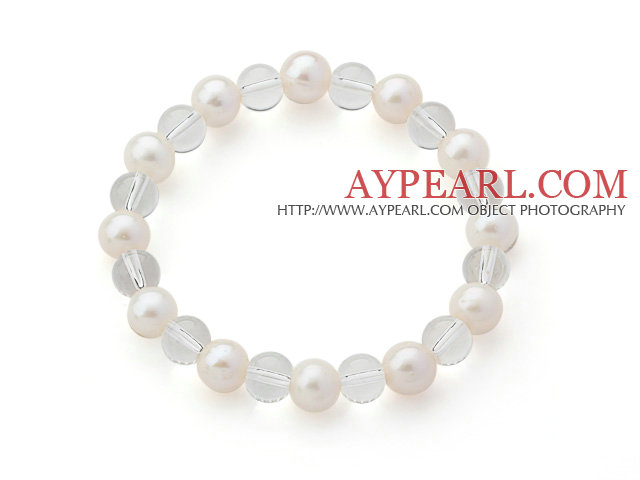 A Grade Round White Freshwater Pearl and Clear Crystal Stretch Beaded Bangle Bracelet