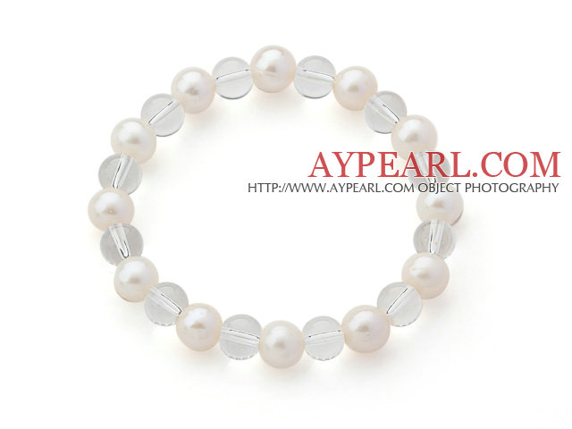 Α Βαθμού Round White Pearl γλυκού νερού και Clear κρυστάλλινα χάντρες Stretch βραχιόλι βαρύ βραχιόλι