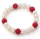 A Grade Round White Freshwater Pearl and Red Color Rhinestone Ball Stretch Beaded Bangle Bracelet