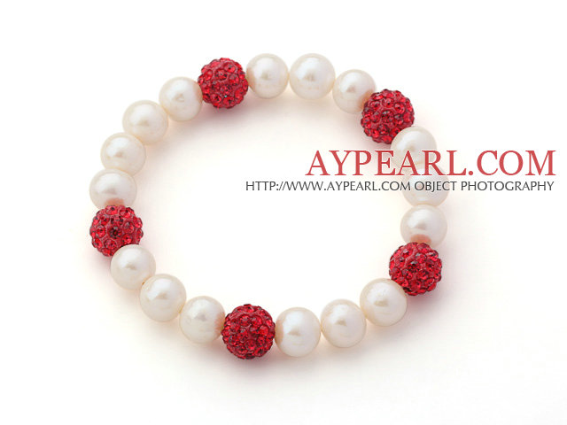 A Grade Round White Freshwater Pearl and Red Color Rhinestone Ball Stretch Beaded Bangle Bracelet