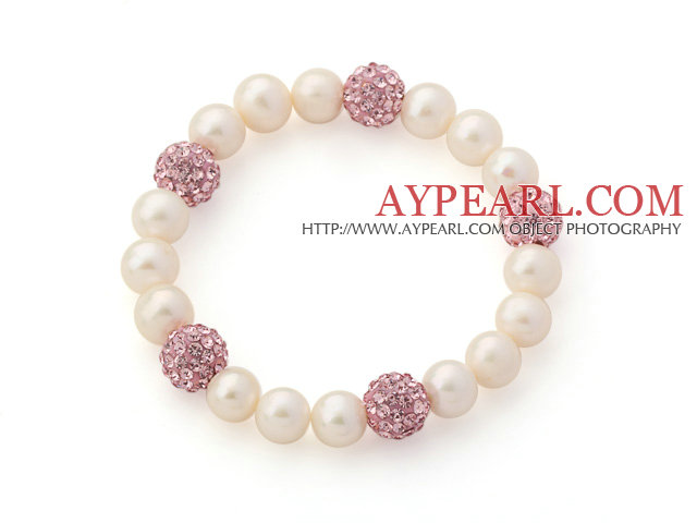 A Grade Round White Freshwater Pearl and Pink Color Rhinestone Ball Stretch Beaded Bangle Bracelet