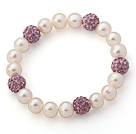 A Grade Round White Freshwater Pearl and Violet Color Rhinestone Ball Stretch Beaded Bangle Bracelet