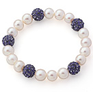 A Grade Round White Freshwater Pearl and Purple Color Rhinestone Ball Stretch Beaded Bangle Bracelet