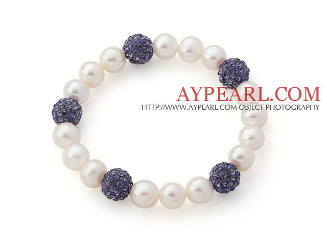 Α Βαθμού Round White Pearl γλυκού νερού και μωβ Stretch Χρώμα τεχνητό διαμάντι Ball Beaded βραχιόλι βαρύ βραχιόλι