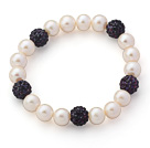 A Grade Round White Freshwater Pearl and Dark Purple Color Rhinestone Ball Stretch Beaded Bangle Bracelet