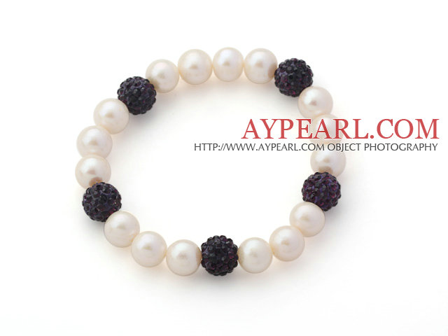 A Grade Round White Freshwater Pearl and Dark Purple Color Rhinestone Ball Stretch Beaded Bangle Bracelet
