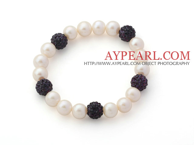 Α Βαθμού Round White Pearl γλυκού νερού και σκούρο πορφυρό χρώμα τεχνητό διαμάντι Stretch Ball Beaded βραχιόλι βαρύ βραχιόλι