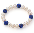 A Grade Round White Freshwater Pearl and Dark Blue Color Rhinestone Ball Stretch Beaded Bangle Bracelet