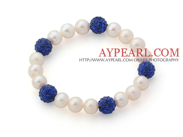 Α Βαθμού Round White Pearl γλυκού νερού και σκούρο μπλε τεχνητό διαμάντι Ball Color Stretch Beaded βραχιόλι βαρύ βραχιόλι