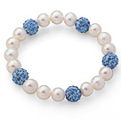 A Grade Round White Freshwater Pearl and Sky Blue Color Rhinestone Ball Stretch Beaded Bangle Bracelet