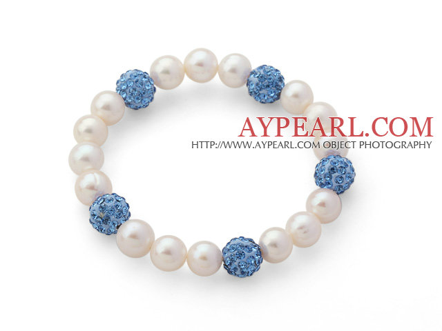A Grade Round weißen Süßwasser-Zuchtperlen und Sky Blue Farbe Strass Kugel Perlen Stretch-Armband