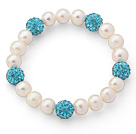A Grade Round weißen Süßwasser-Zuchtperlen und Lake Blue Farbe Strass Kugel Perlen Stretch-Armband